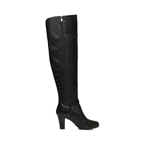 BELLE/百丽冬季专柜同款黑油皮牛皮革女皮靴(绒里)BHX80DC6