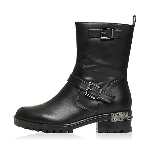 BELLE/百丽冬季专柜同款黑油皮牛皮女中靴BLQ62DZ6