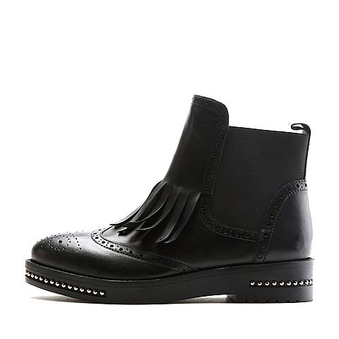 BELLE/百丽冬季专柜同款黑油皮牛皮女短靴BKM42DD6