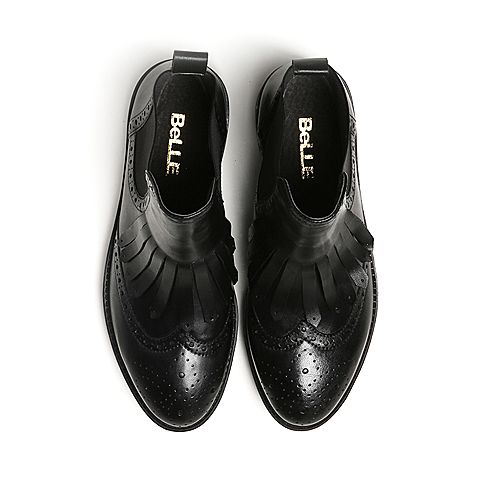 BELLE/百丽冬季专柜同款黑油皮牛皮女短靴BKM42DD6