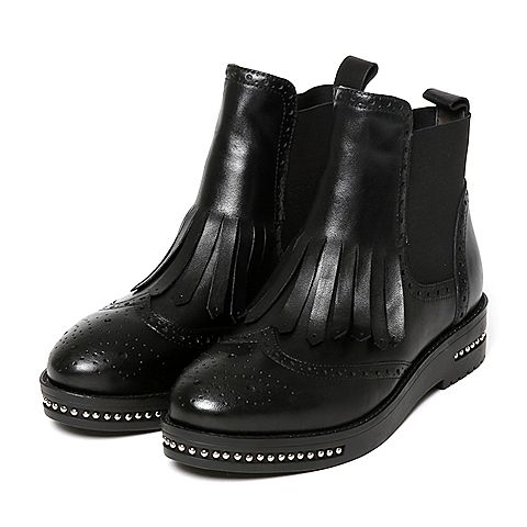 BELLE/百丽冬季专柜同款黑油皮牛皮女短靴BKM42DD6