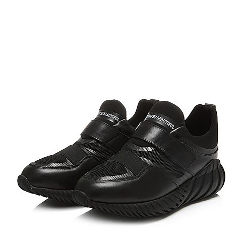 BELLE/百丽冬专柜同款黑色时尚运动风牛皮革/网/弹力布女休闲靴Q7B3DDD6