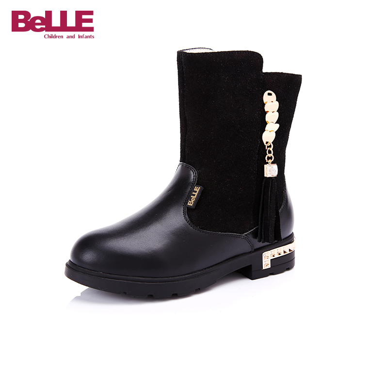 BELLE/百丽16年秋冬季新款时尚简约女童优雅牛皮鞋面保暖防滑女童靴DE0160
