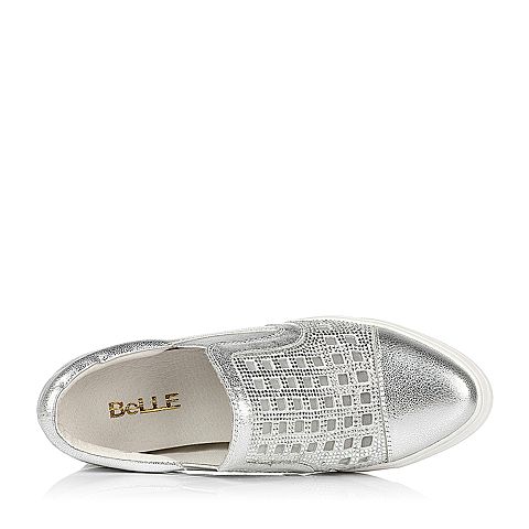 BELLE/百丽春专柜同款银色休闲牛皮革/羊绒皮女单鞋Q1T1DAM6