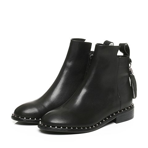 BELLE/百丽冬季专柜同款黑色油皮牛皮女短靴(绒里)BKD43DD6