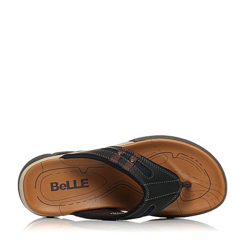 BELLE/百丽夏季专柜同款黑色牛皮男皮拖鞋4KX03BT6