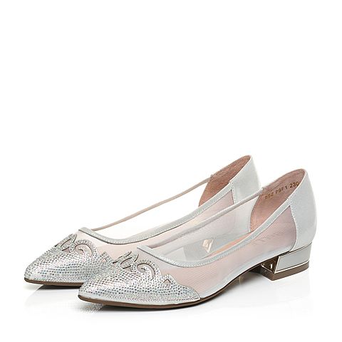 BELLE/百丽春季专柜同款银色布纹羊皮/网布女单鞋P9F1DAQ6