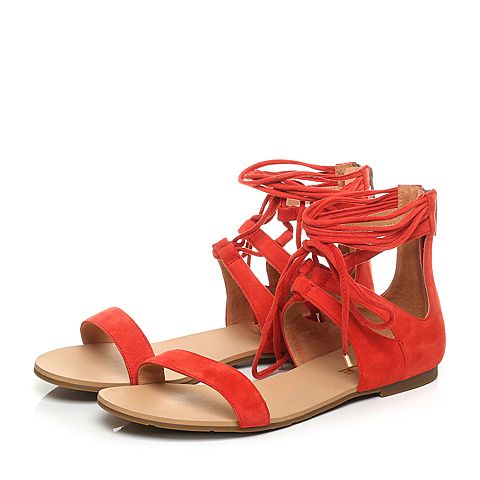 BELLE/百丽夏季专柜同款红色羊绒皮女凉鞋BKL34BL6