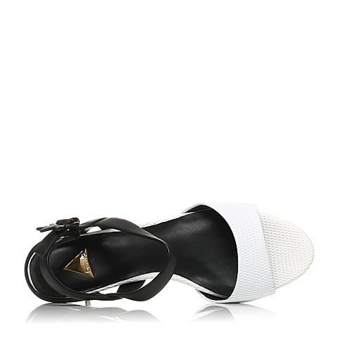 BELLE/百丽精品夏季专柜同款白/黑山羊皮女凉鞋MPK34BL6
