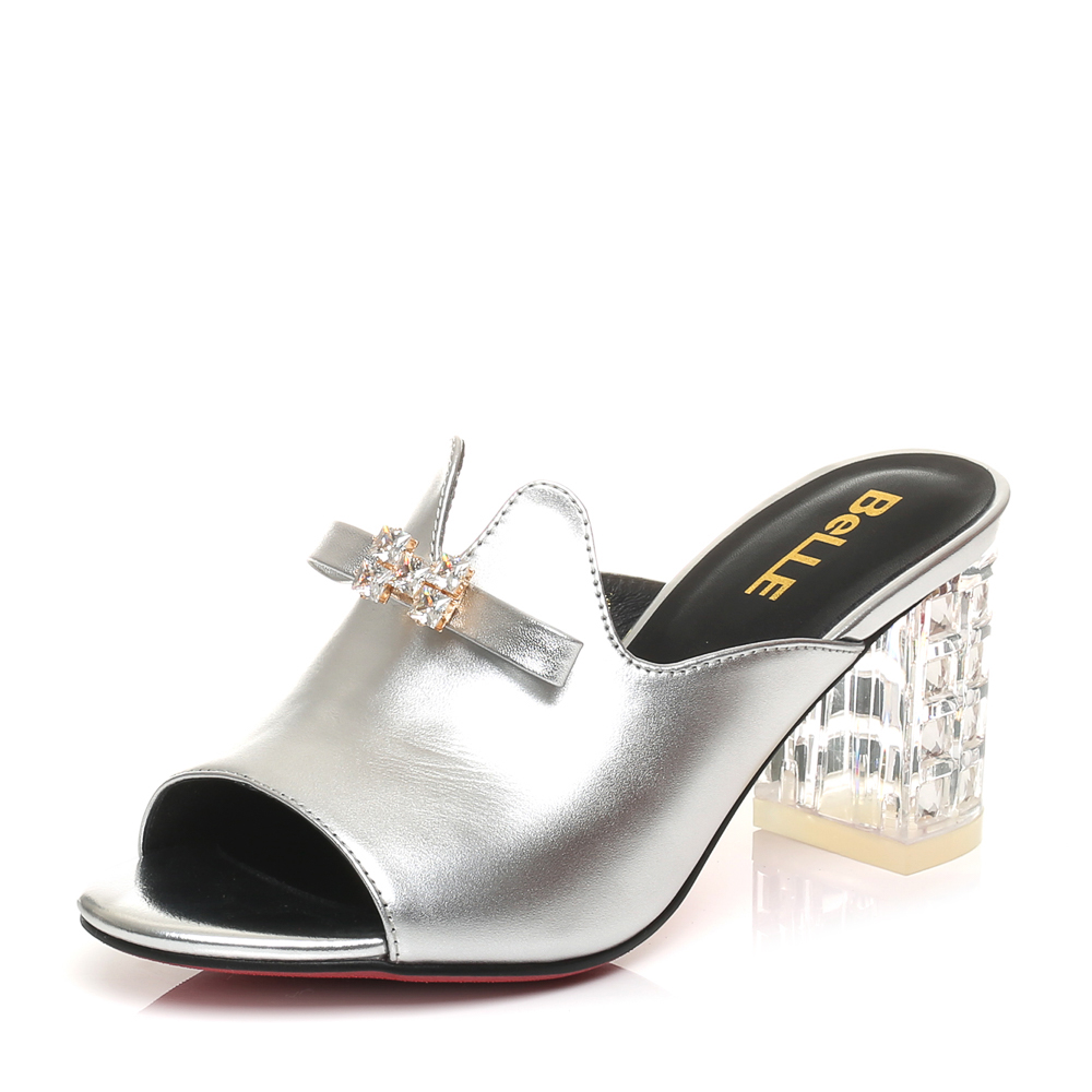 BELLE/百丽夏季专柜同款银色金属牛皮钻饰女凉鞋Q3K1DBT6