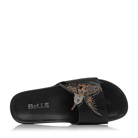BELLE/百丽夏专柜同款韩版一字拖鞋坡跟露趾女凉鞋R1B1DBT7