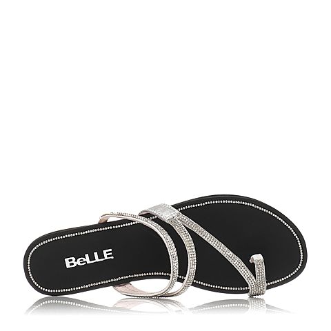 BELLE/百丽夏季专柜同款羊皮银色休闲女凉拖鞋Q9Z1DBT7