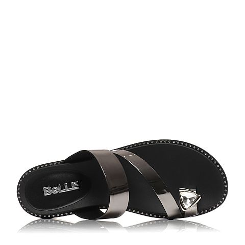 BELLE/百丽夏专柜同款灰色人造革厚底套趾女拖鞋BKP39BT7