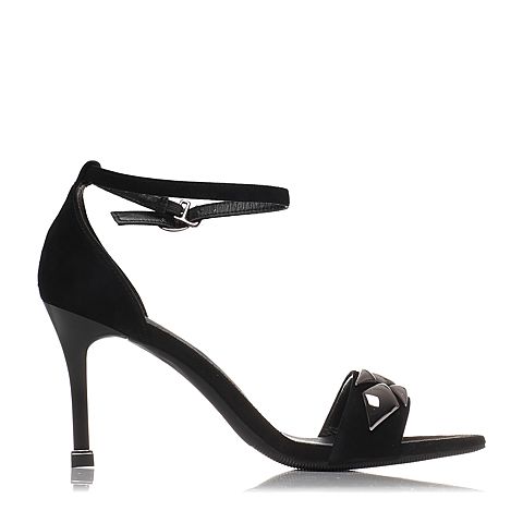 BELLE/百丽夏专柜同款黑色优雅细高跟羊皮女凉鞋BLW33BL7