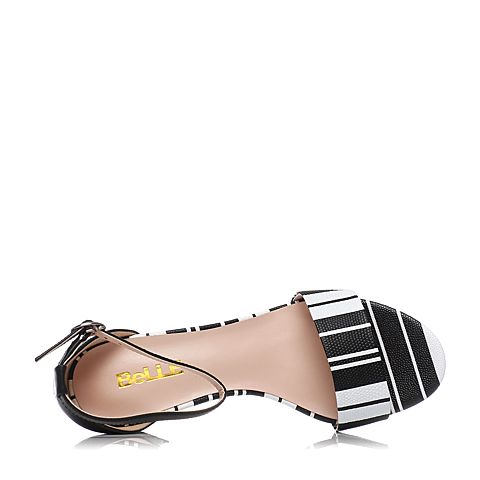 BELLE/百丽夏季专柜同款黑色粗跟皮凉鞋BLAA1BL7