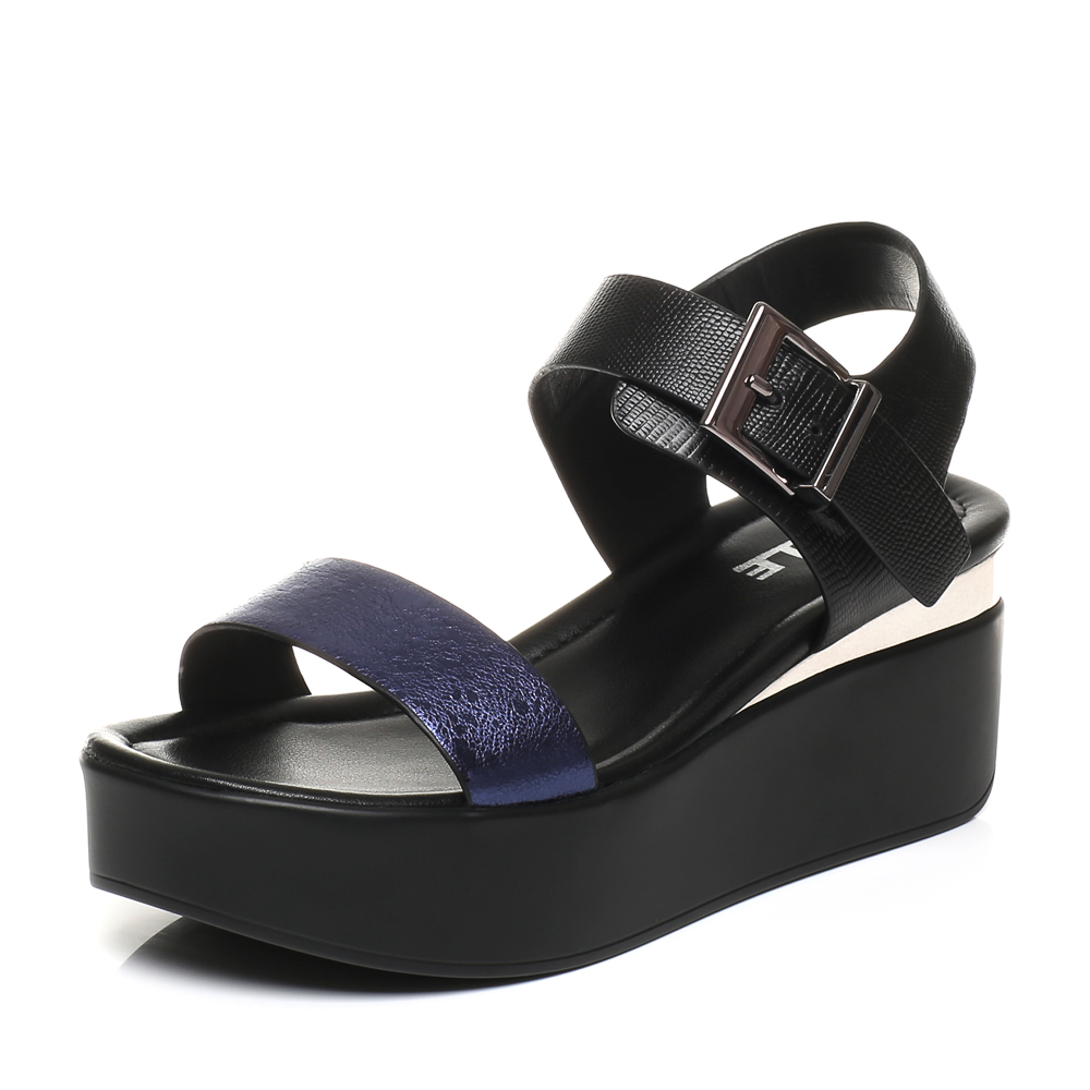 BELLE/百丽夏季专柜同款深兰/黑色牛皮坡跟一字带女凉鞋BKT35BL7