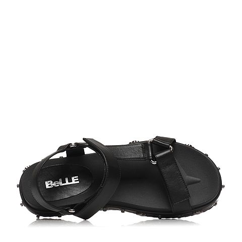BELLE/百丽夏专柜同款黑色厚底松糕牛皮女凉鞋BLK32BL7