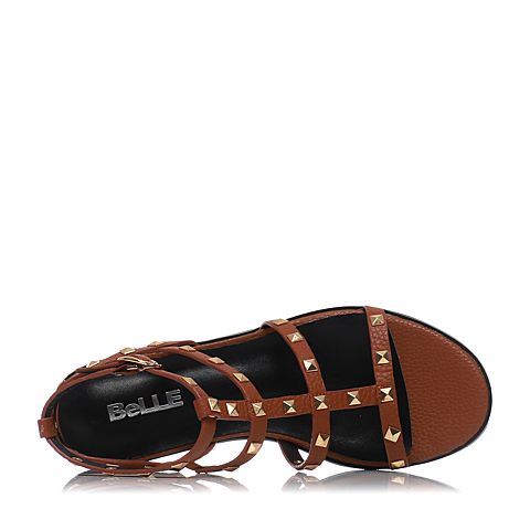 BELLE/百丽夏专柜同款棕色牛皮时尚铆钉女凉鞋BNOA7BL7