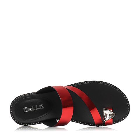 BELLE/百丽夏专柜同款红色人造革厚底套趾女拖鞋BKP39BT7
