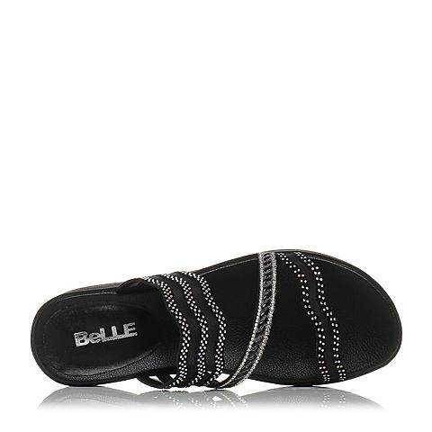 BELLE/百丽夏专柜同款黑色人造革厚底女拖鞋BNLA6BT7