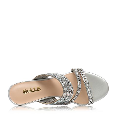 BELLE/百丽夏专柜同款银色人造革粗跟女拖鞋BOP38BT7
