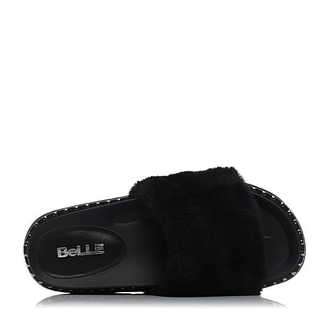 BELLE/百丽夏专柜同款黑色毛绒布厚底女拖鞋BNMB3BT7