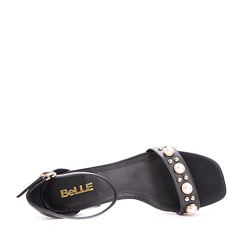BELLE/百丽夏黑色时尚珍珠牛皮露趾女凉鞋35701BL7
