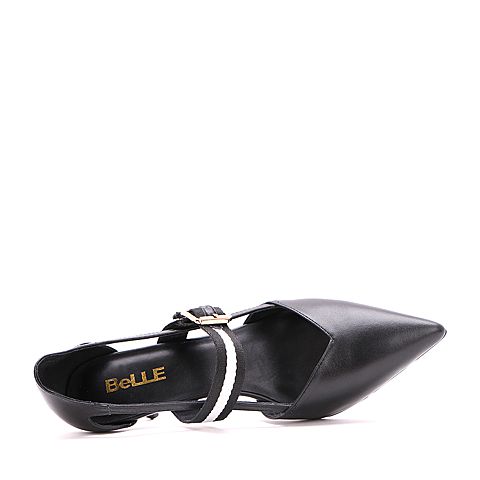 BELLE/百丽夏黑色时尚优雅牛皮尖头细高跟女凉鞋32702BK7