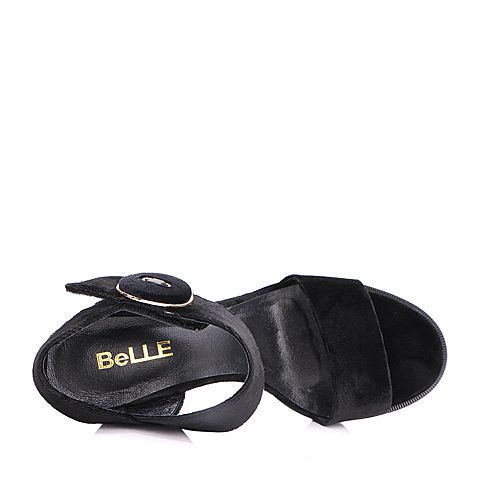 BELLE/百丽夏黑色时尚复古纺织品女凉鞋35656BL7