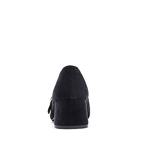 BELLE/百丽秋季专柜同款黑色羊绒皮流苏粗跟女单鞋BOS23CM7