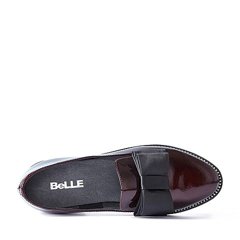 BELLE/百丽秋季专柜同款啡红色/黑色荔纹漆皮牛皮女单鞋BLTBDCM7