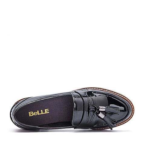 BELLE/百丽秋季专柜同款黑色皱漆皮牛皮乐福鞋女单鞋BTH24CM7