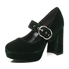 Belle/百丽秋季专柜同款深绿色绒布女单鞋玛丽珍鞋BTE01CQ7