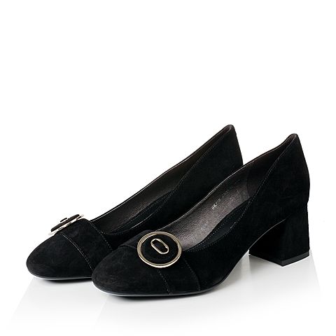 BELLE/百丽秋季专柜同款黑色羊绒皮女单鞋BRZ08CQ7
