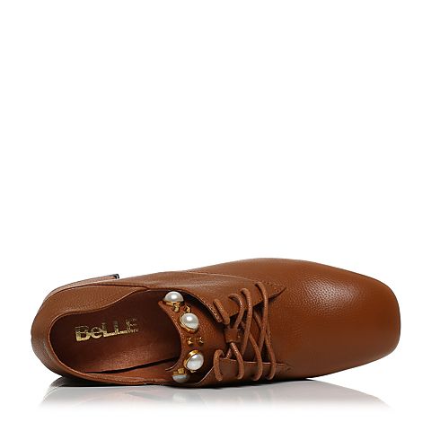 BELLE/百丽秋棕色时尚复古珍珠牛皮方头粗跟女单鞋74506CM7