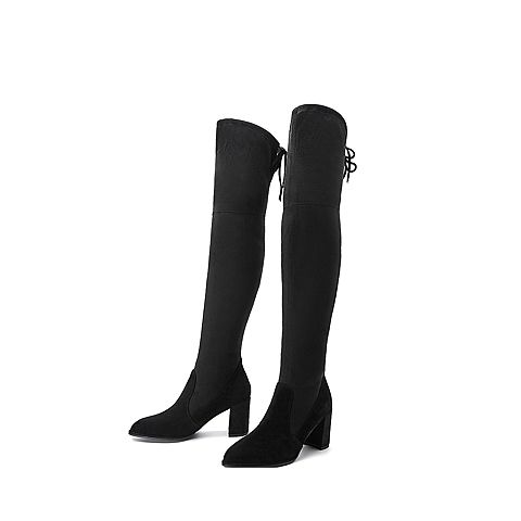 BELLE/百丽冬季专柜同款黑色羊绒皮高筒靴女皮靴BRY80DC7