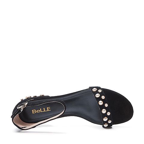 BELLE/百丽夏季专柜同款黑色羊绒皮革女皮凉鞋R5Q1DBL7
