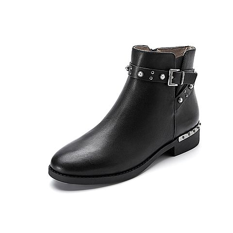 BELLE/百丽冬季专柜同款黑色油皮牛皮女短靴3C3W3DD7
