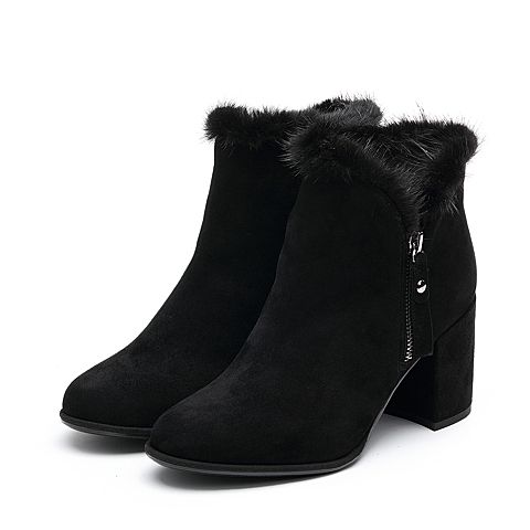 BELLE/百丽冬季专柜同款黑色羊绒皮革女皮靴BXJ45DD7