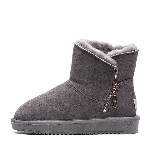 BELLE/百丽冬季专柜同款灰色牛剖层皮革雪地靴女皮靴R6R1DDD7