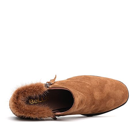 BELLE/百丽冬季专柜同款棕色羊绒皮女皮鞋BYE23DM7