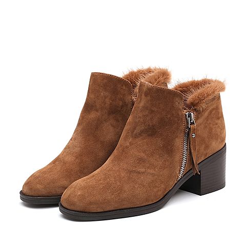 BELLE/百丽冬季专柜同款棕色羊绒皮女皮鞋BYE23DM7