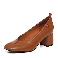Belle/百丽秋季棕色牛皮奶奶鞋复古方头粗高跟浅口女单鞋108-2CQ7
