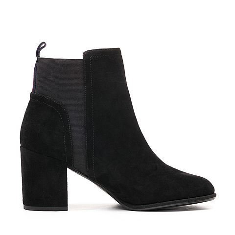 BELLE/百丽冬季专柜同款黑色羊绒皮革女皮靴BXJ44DD7