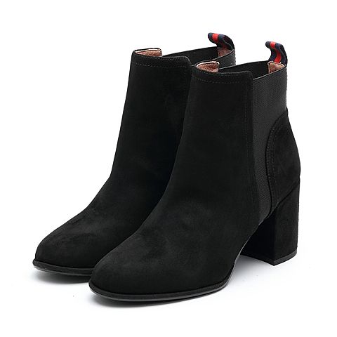 BELLE/百丽冬季专柜同款黑色羊绒皮革女皮靴BXJ44DD7