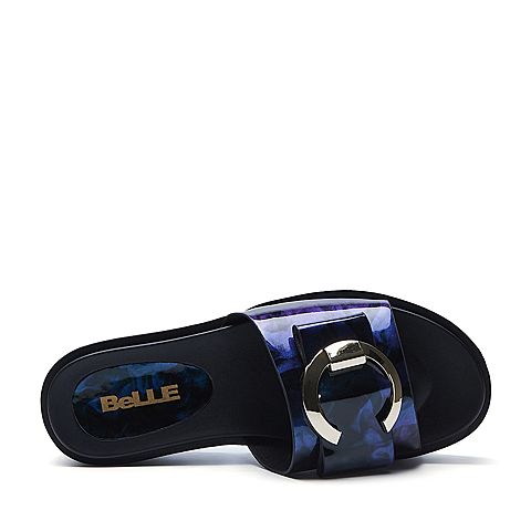 BELLE/百丽夏季专柜同款蓝色人造革女拖鞋R5J2DBT7