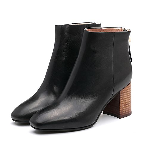 BELLE/百丽冬季专柜同款黑色油皮牛皮女短靴BVL58DD7