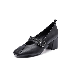 Belle/百丽秋季专柜同款黑色摔纹牛皮女单鞋R5S2DCQ7