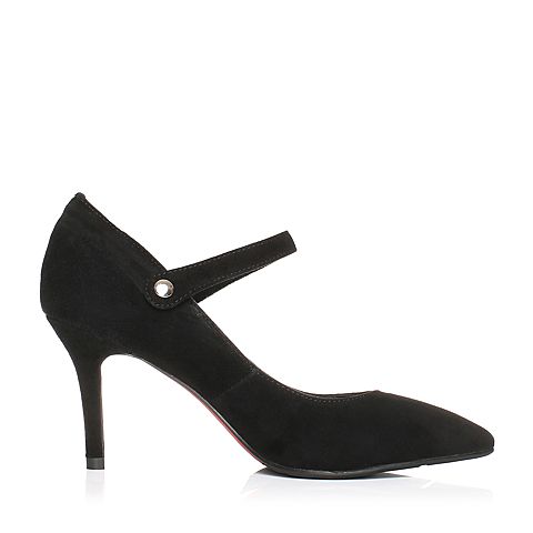 BELLE/百丽秋季专柜同款黑色羊绒皮女单鞋R6M1DCQ7