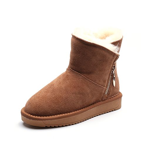 BELLE/百丽冬季专柜同款棕色牛剖层皮革雪地靴女皮靴R6R1DDD7